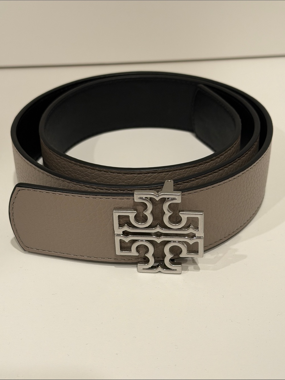 Tory Burch Taupe Leather Belt with Silver Logo Buckle